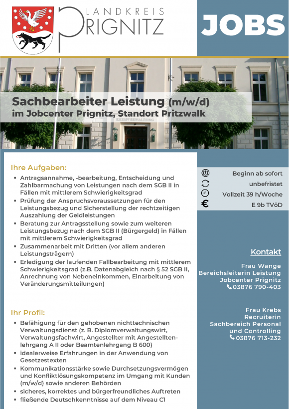 Sachbearbeiter Leistung (m/w/d) im Jobcenter Prignitz, Standort Pritzwalk - Seite 1