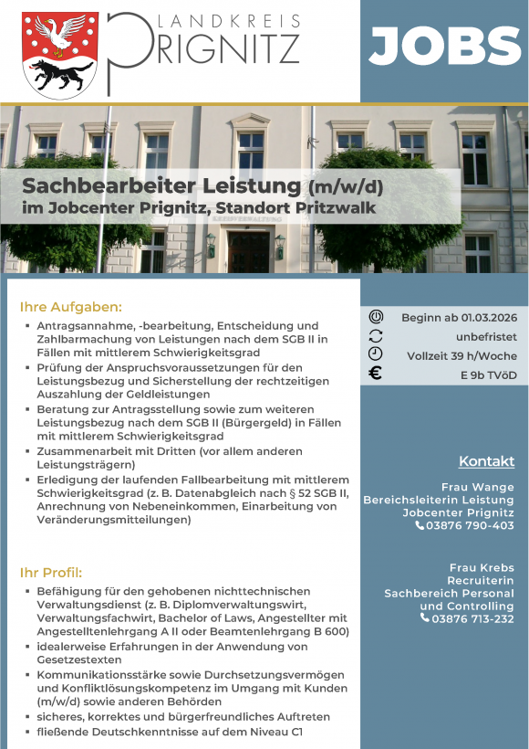 Sachbearbeiter Leistung (m/w/d) im Jobcenter Prignitz, Standort Pritzwalk - Seite 1