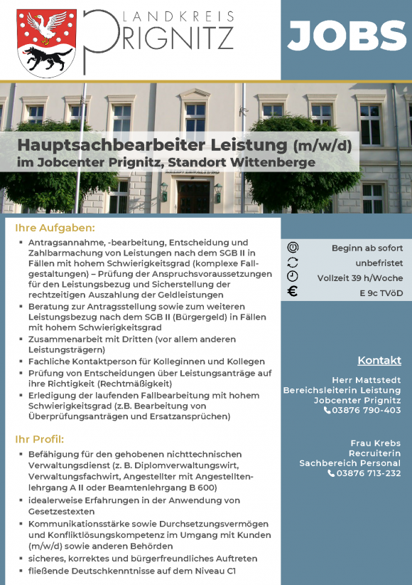 Hauptsachbearbeiter Leistung (m/w/d) im Jobcenter Prignitz, Standort Pritzwalk - Seite 1