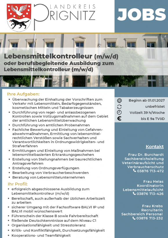 Lebensmittelkontrolleur (m/w/d)  oder berufsbegleitende Ausbildung zum Lebensmittelkontrolleur (m/w/d)  - Seite 1