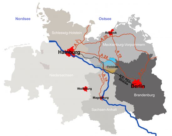 Übersichtskarte der Lage der Prignitz zwischen Hamburg und Berlin 