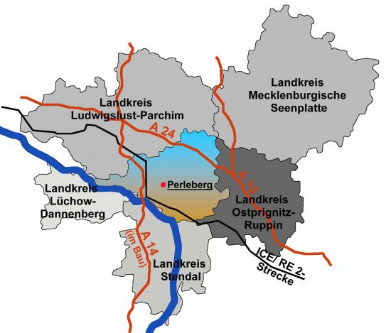 Übersichtskarte der Hauptverkehrsverbindungen in der Prignitz mit angrenzenden Bundesländern