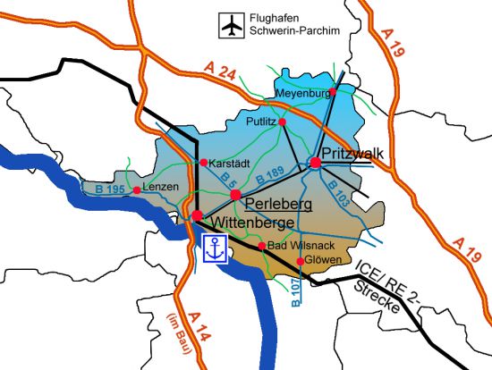 Übersichtskarte der Hauptverkehrsverbindungen in der Prignitz